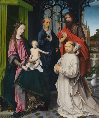 La Vergine e il Bambino in trono, con i Santi Girolamo e Giovanni Battista e un monaco certosino inginocchiato da Jan Provoost